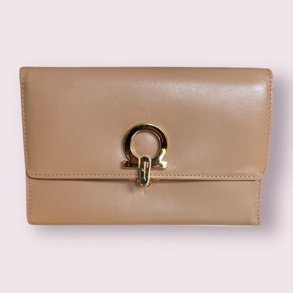 Authentic Salvatore Ferragamo Gancini Leather Wallet | Tan/Nude - Picture 2 of 7